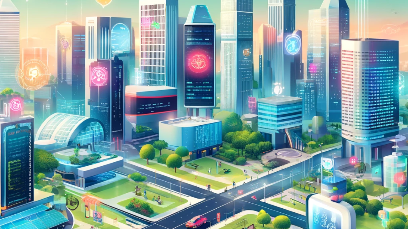 DALL·E 2024-06-01 09.42.09 - A futuristic cityscape of Singapore featuring advanced smart technologies. The illustration should include elements like autonomous vehicles, smart bu