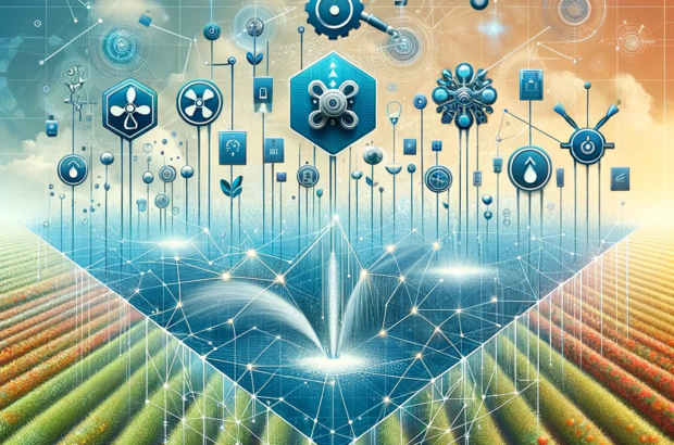 DALL·E 2024-06-03 16.01.31 - An abstract square illustration depicting the integration of smart irrigation systems in agriculture. The image features conceptual elements such as g