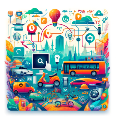 DALL·E 2024-06-03 16.42.19 - A square abstract illustration representing smart mobility solutions transforming urban transport in India. The illustration features a collage of ele