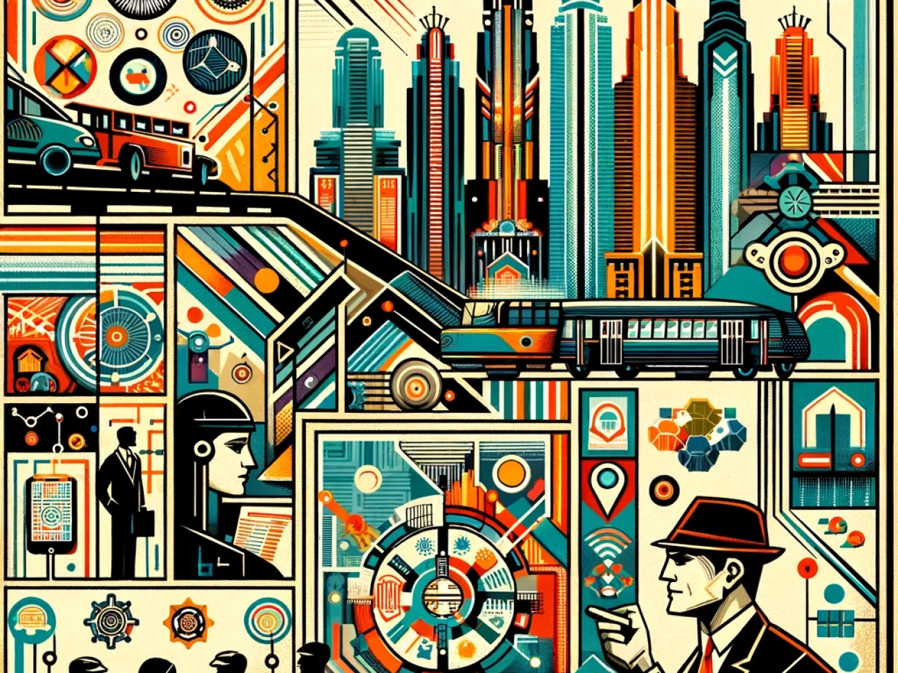 DALL·E 2024-06-05 10.00.25 - A 1920s style avant-garde illustration depicting the concept of smart cities and employment in India. The image should include geometric shapes, abstr