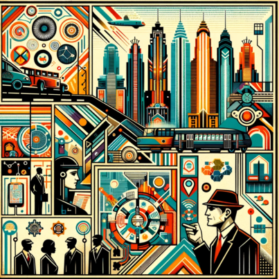 DALL·E 2024-06-05 10.00.25 - A 1920s style avant-garde illustration depicting the concept of smart cities and employment in India. The image should include geometric shapes, abstr