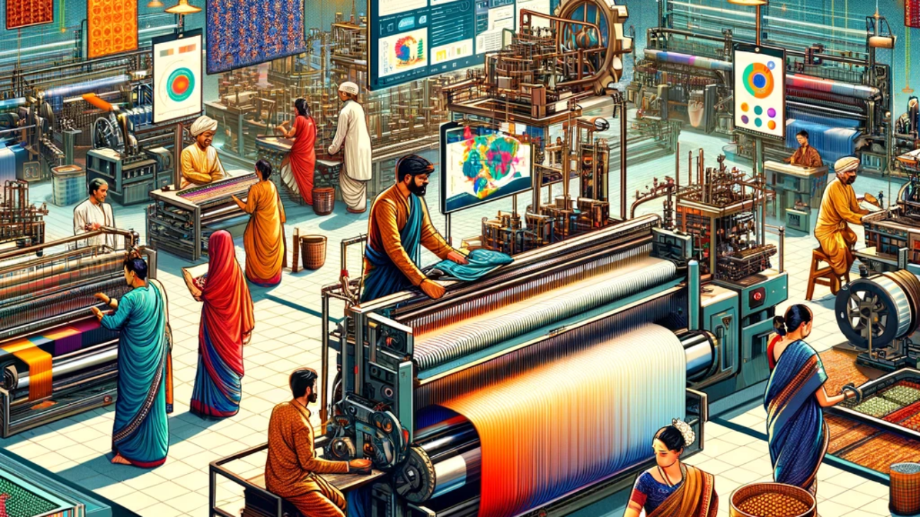 DALL·E 2024-06-05 16.25.45 - A 2000s style digital art illustration showcasing workforce training in the Indian textile sector. The scene includes workers in traditional Indian at