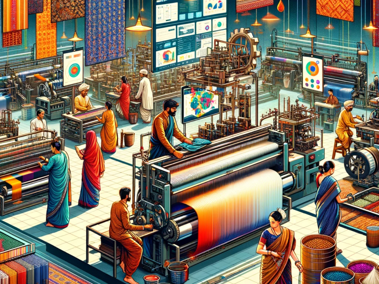 DALL·E 2024-06-05 16.25.45 - A 2000s style digital art illustration showcasing workforce training in the Indian textile sector. The scene includes workers in traditional Indian at
