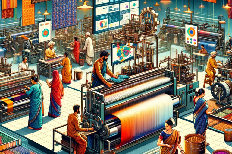 DALL·E 2024-06-05 16.25.45 - A 2000s style digital art illustration showcasing workforce training in the Indian textile sector. The scene includes workers in traditional Indian at