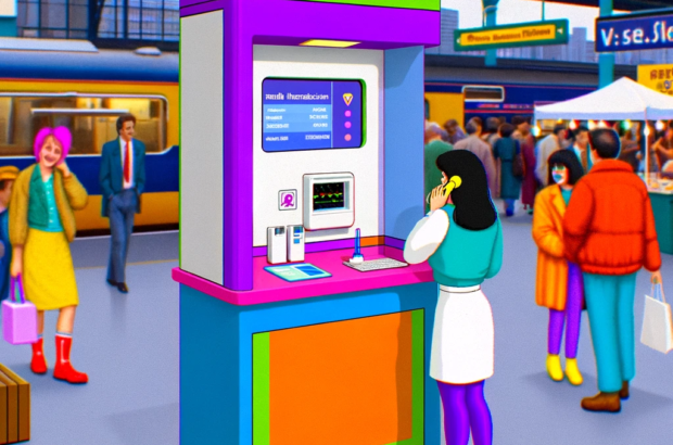 DALL·E 2024-06-06 10.47.58 - A 1990s style digital illustration of a healthcare kiosk in a bustling public space. The kiosk is modern yet has a retro feel, with bright colors and