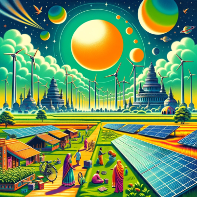 DALL·E 2024-06-06 11.53.22 - A 1960s space art-inspired illustration depicting renewable energy technology adoption in India. The scene features futuristic solar panels and wind t