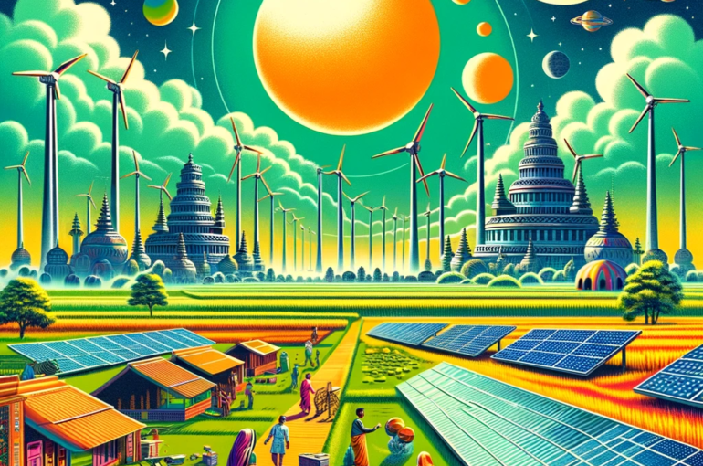 DALL·E 2024-06-06 11.53.22 - A 1960s space art-inspired illustration depicting renewable energy technology adoption in India. The scene features futuristic solar panels and wind t