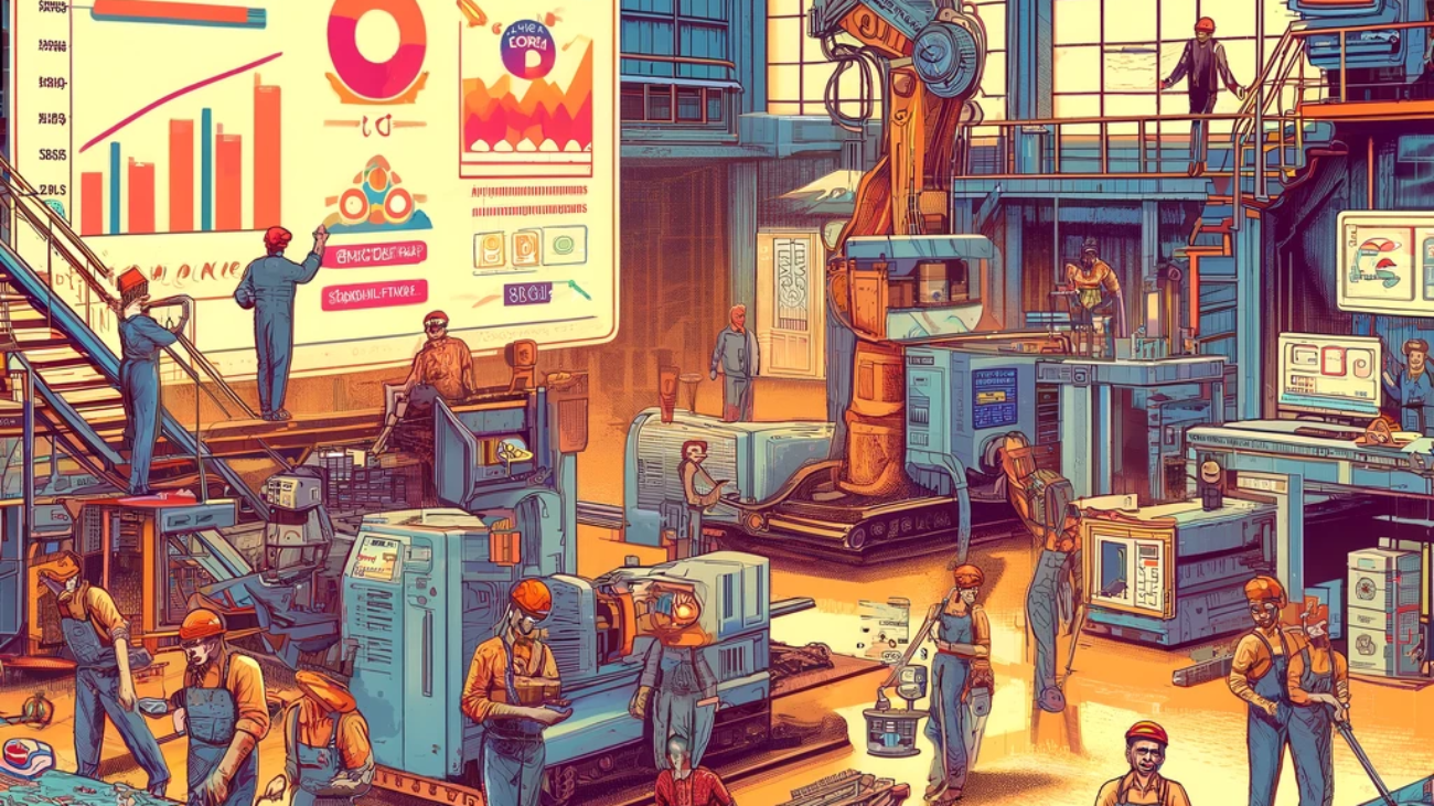 DALL·E 2024-06-06 16.27.26 - A 1980s industrial-style illustration showing the involvement of labor in Indian smart manufacturing. The scene features a medium-scale factory with w