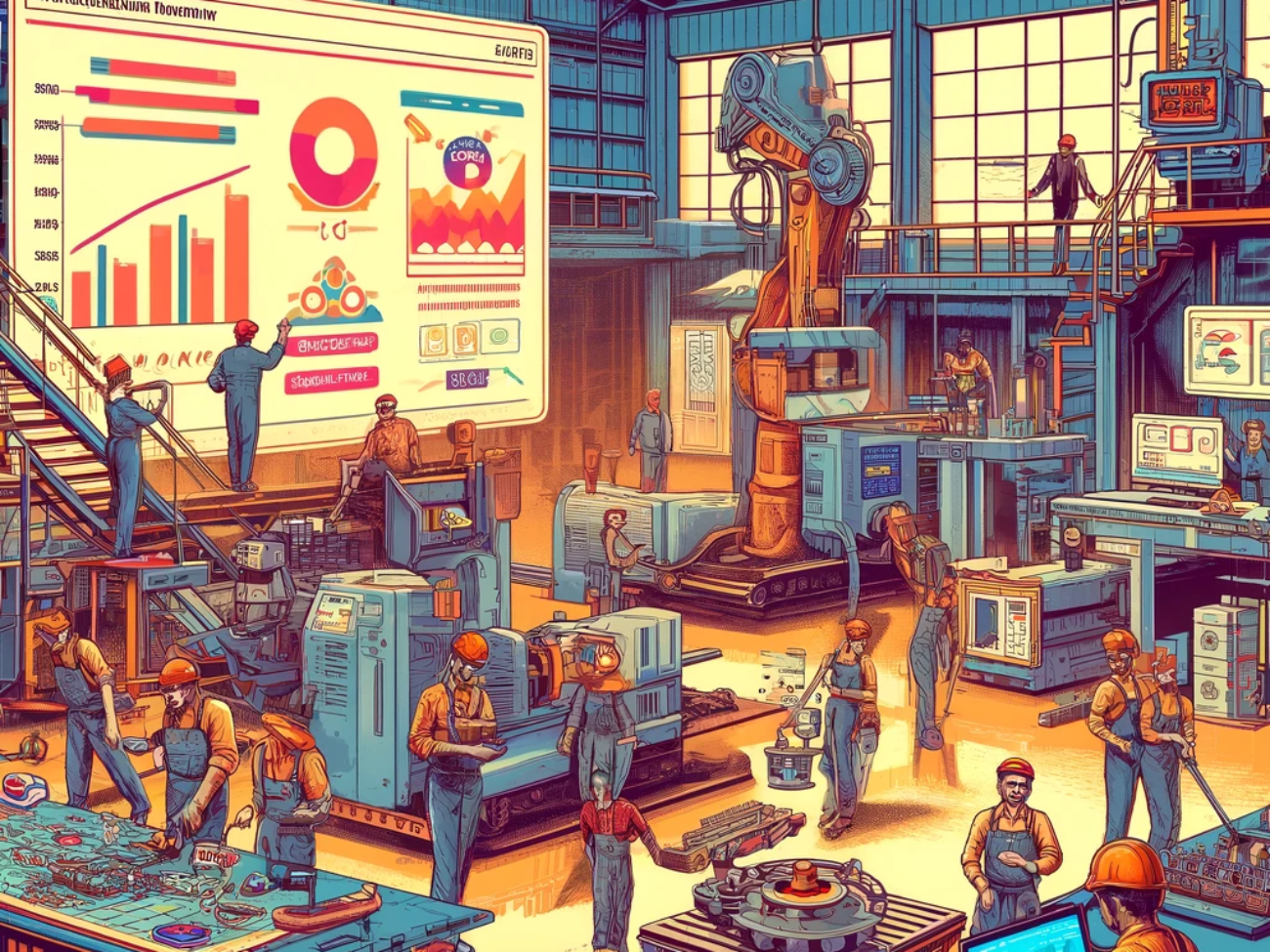 DALL·E 2024-06-06 16.27.26 - A 1980s industrial-style illustration showing the involvement of labor in Indian smart manufacturing. The scene features a medium-scale factory with w