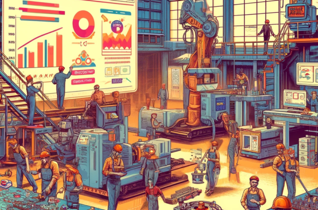 DALL·E 2024-06-06 16.27.26 - A 1980s industrial-style illustration showing the involvement of labor in Indian smart manufacturing. The scene features a medium-scale factory with w