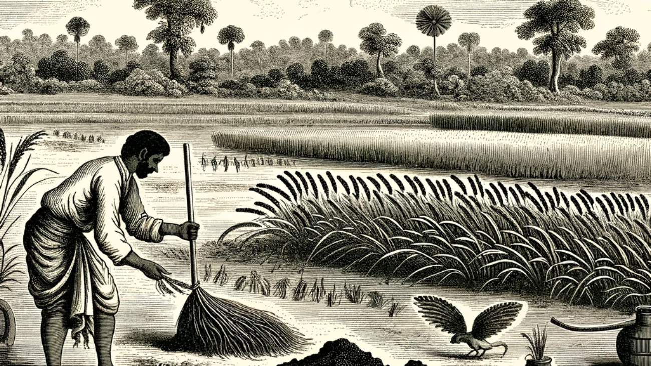 DALL·E 2024-06-06 17.14.33 - An 1850s style illustration depicting the importance of soil health in enhancing rice and wheat yields in India. The scene features a farmer examining