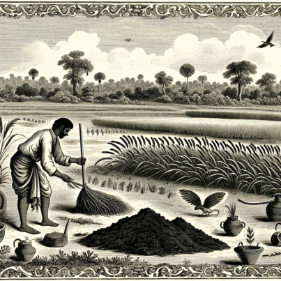DALL·E 2024-06-06 17.14.33 - An 1850s style illustration depicting the importance of soil health in enhancing rice and wheat yields in India. The scene features a farmer examining
