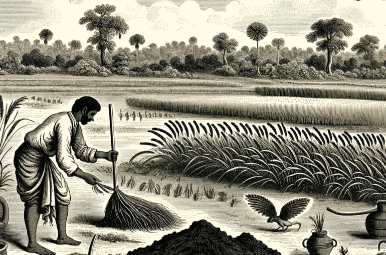 DALL·E 2024-06-06 17.14.33 - An 1850s style illustration depicting the importance of soil health in enhancing rice and wheat yields in India. The scene features a farmer examining