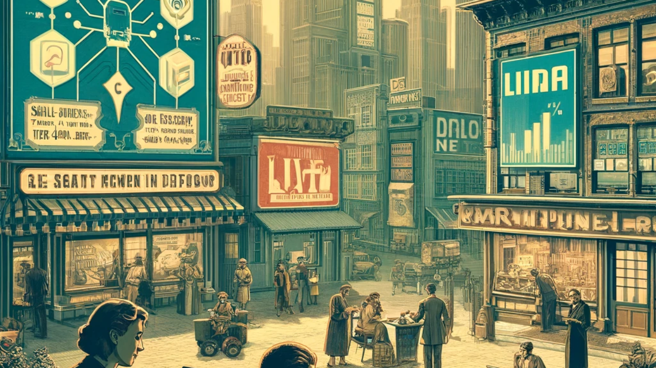 DALL·E 2024-06-06 17.24.17 - A 1920s futuristic style image with low color tones and low saturation, depicting digital marketing in Tier 3 cities. The image should show a blend of