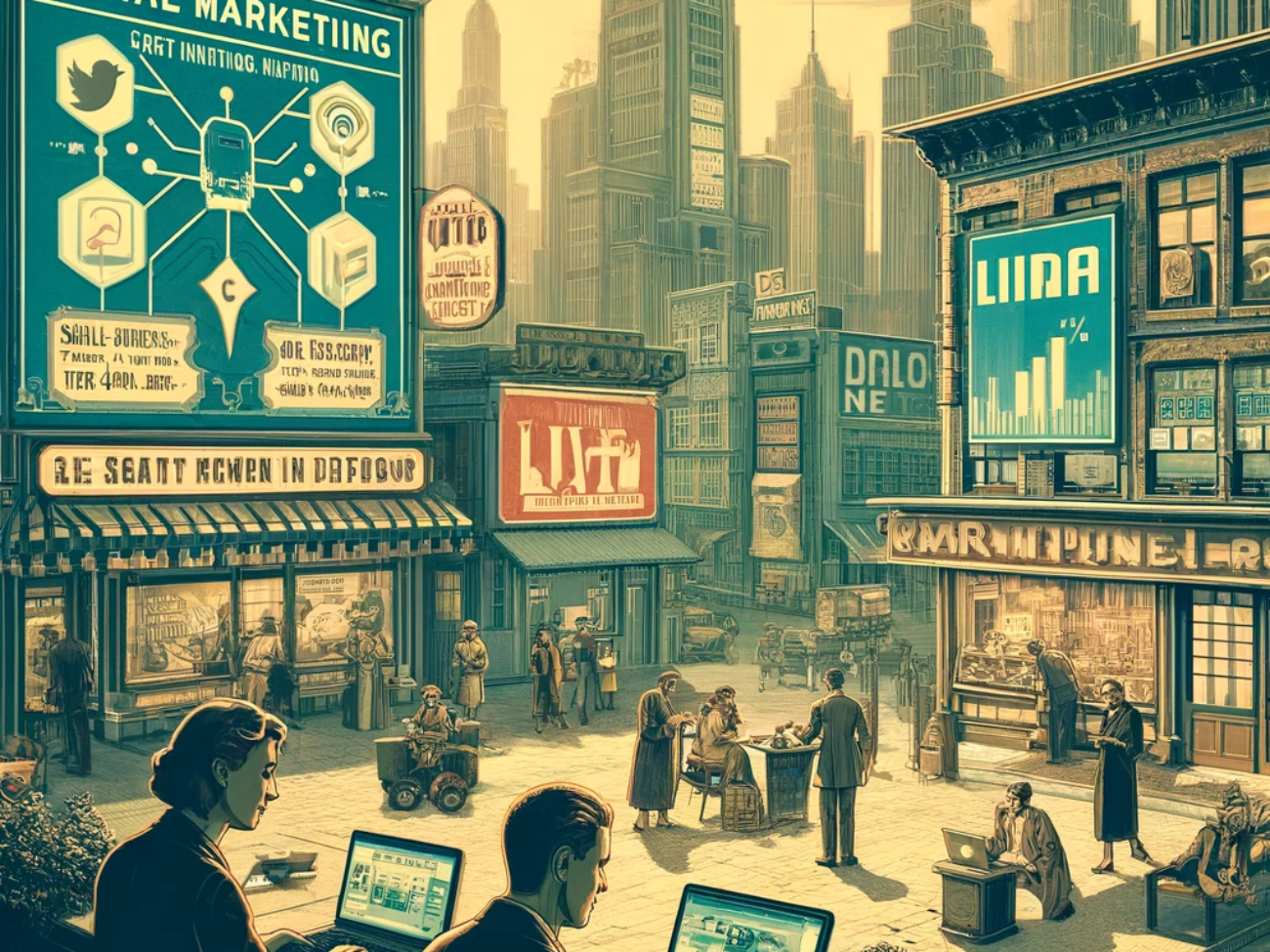 DALL·E 2024-06-06 17.24.17 - A 1920s futuristic style image with low color tones and low saturation, depicting digital marketing in Tier 3 cities. The image should show a blend of