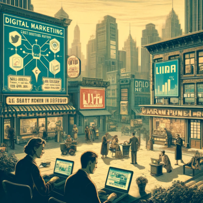 DALL·E 2024-06-06 17.24.17 - A 1920s futuristic style image with low color tones and low saturation, depicting digital marketing in Tier 3 cities. The image should show a blend of