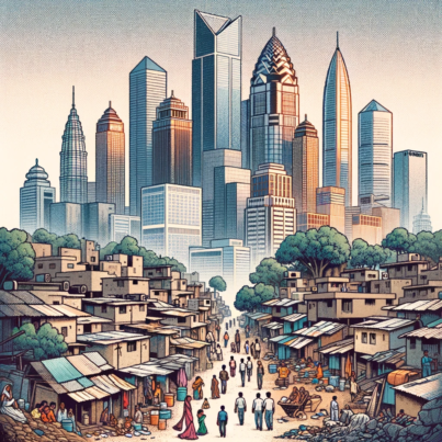 DALL·E 2024-06-06 18.15.56 - A 1990s style illustration of urban poverty in Indian smart cities, featuring a cityscape with both modern skyscrapers and slum areas. The image shoul