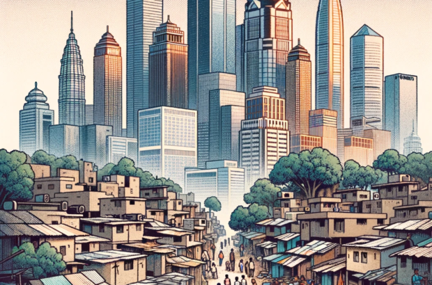 DALL·E 2024-06-06 18.15.56 - A 1990s style illustration of urban poverty in Indian smart cities, featuring a cityscape with both modern skyscrapers and slum areas. The image shoul