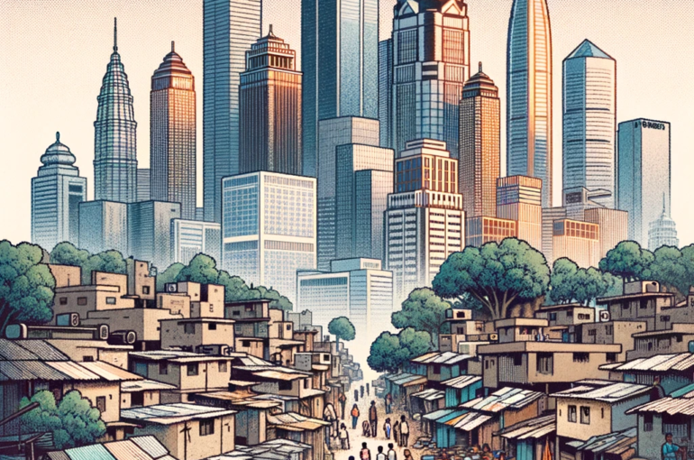 DALL·E 2024-06-06 18.15.56 - A 1990s style illustration of urban poverty in Indian smart cities, featuring a cityscape with both modern skyscrapers and slum areas. The image shoul