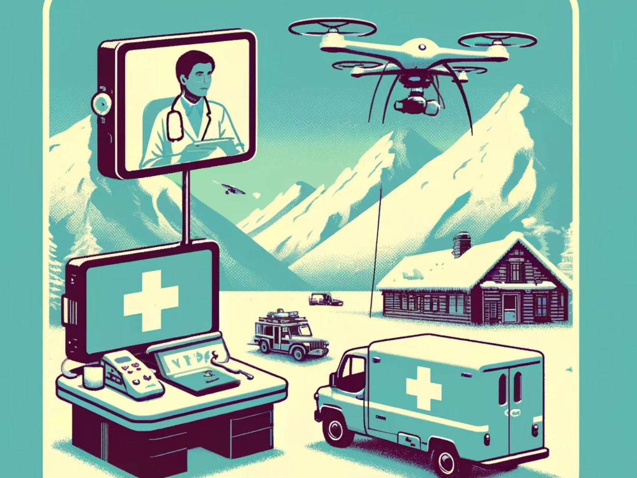 DALL·E 2024-06-06 18.25.45 - Create a square, toned-down 1980s London style graphic art depicting tech-enabled healthcare in the Himalayas. The scene should include a telemedicine