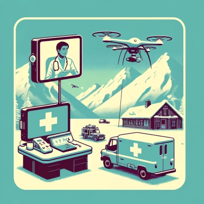 DALL·E 2024-06-06 18.25.45 - Create a square, toned-down 1980s London style graphic art depicting tech-enabled healthcare in the Himalayas. The scene should include a telemedicine