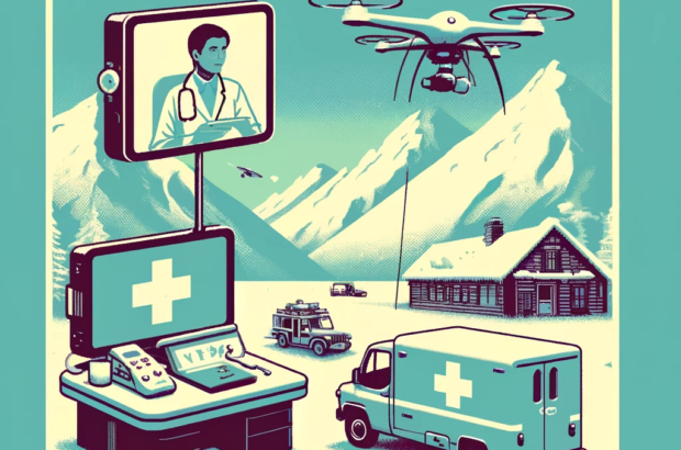 DALL·E 2024-06-06 18.25.45 - Create a square, toned-down 1980s London style graphic art depicting tech-enabled healthcare in the Himalayas. The scene should include a telemedicine