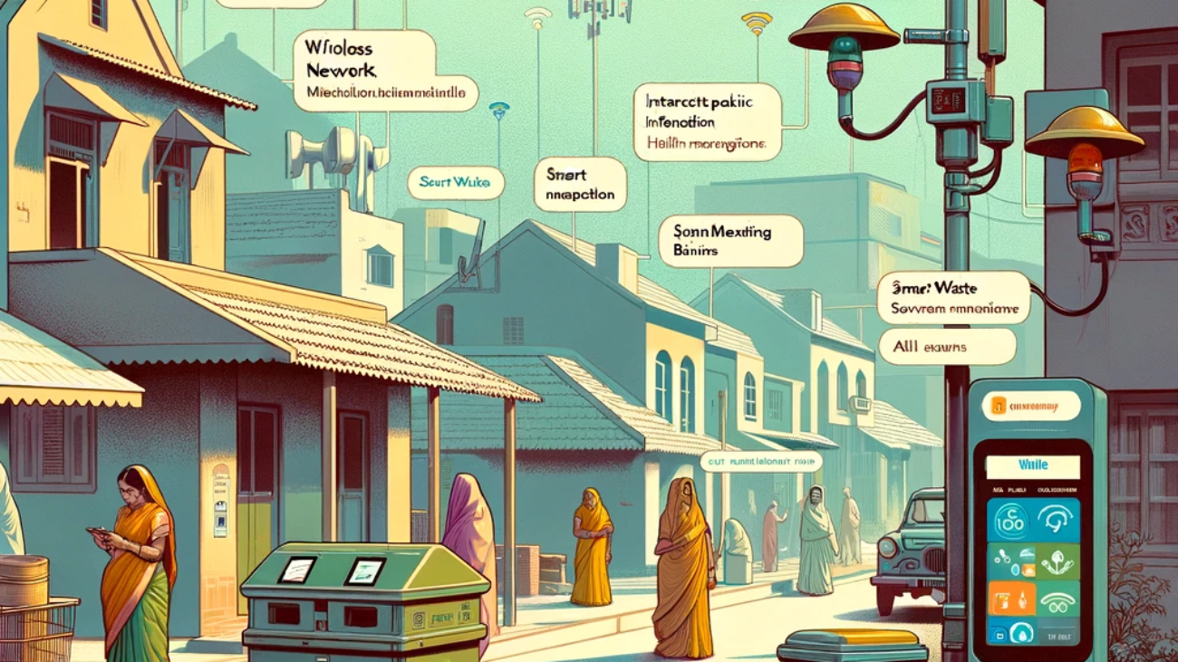 DALL·E 2024-06-06 18.39.54 - Create a 1970s toned-down Belgian style illustration showing an Indian community using wireless networks for various services. The scene should includ