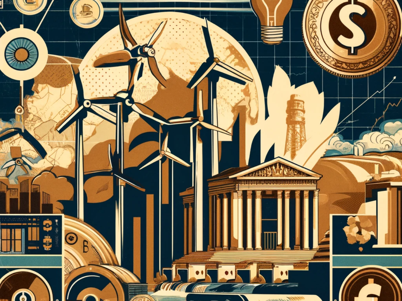 DALL·E 2024-06-10 11.31.02 - A 1950s French style illustration depicting the key themes of renewable energy financing in India. The image features elements such as solar panels, w