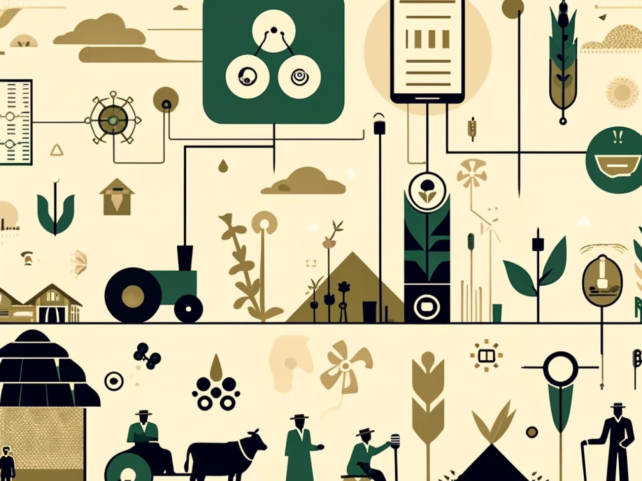 DALL·E 2024-06-10 11.59.08 - A non-crowded 1970s style illustration depicting AgriTech startups in India. The illustration features minimalist elements such as digital platforms,