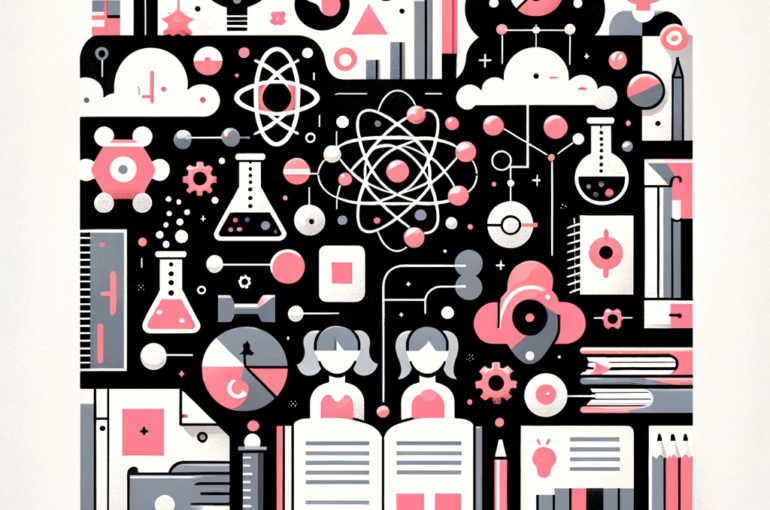 DALL·E 2024-06-10 12.26.59 - A conceptual abstract illustration representing science education in kids. The design uses bubble gum pink, blackboard gray, and notebook white as the