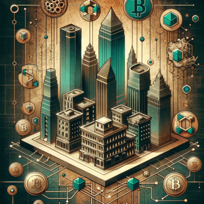 DALL·E 2024-06-10 14.26.23 - A conceptual old money style modern illustration focused on blockchain technology for smart cities. The illustration features elements like a cityscap