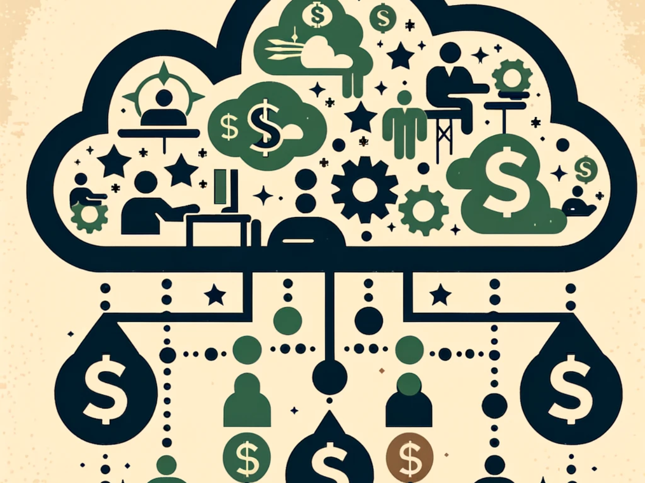 DALL·E 2024-06-10 18.21.40 - A simple yet smart illustration depicting a workforce available on the cloud, inspired by the old money aesthetic. The illustration should feature sty