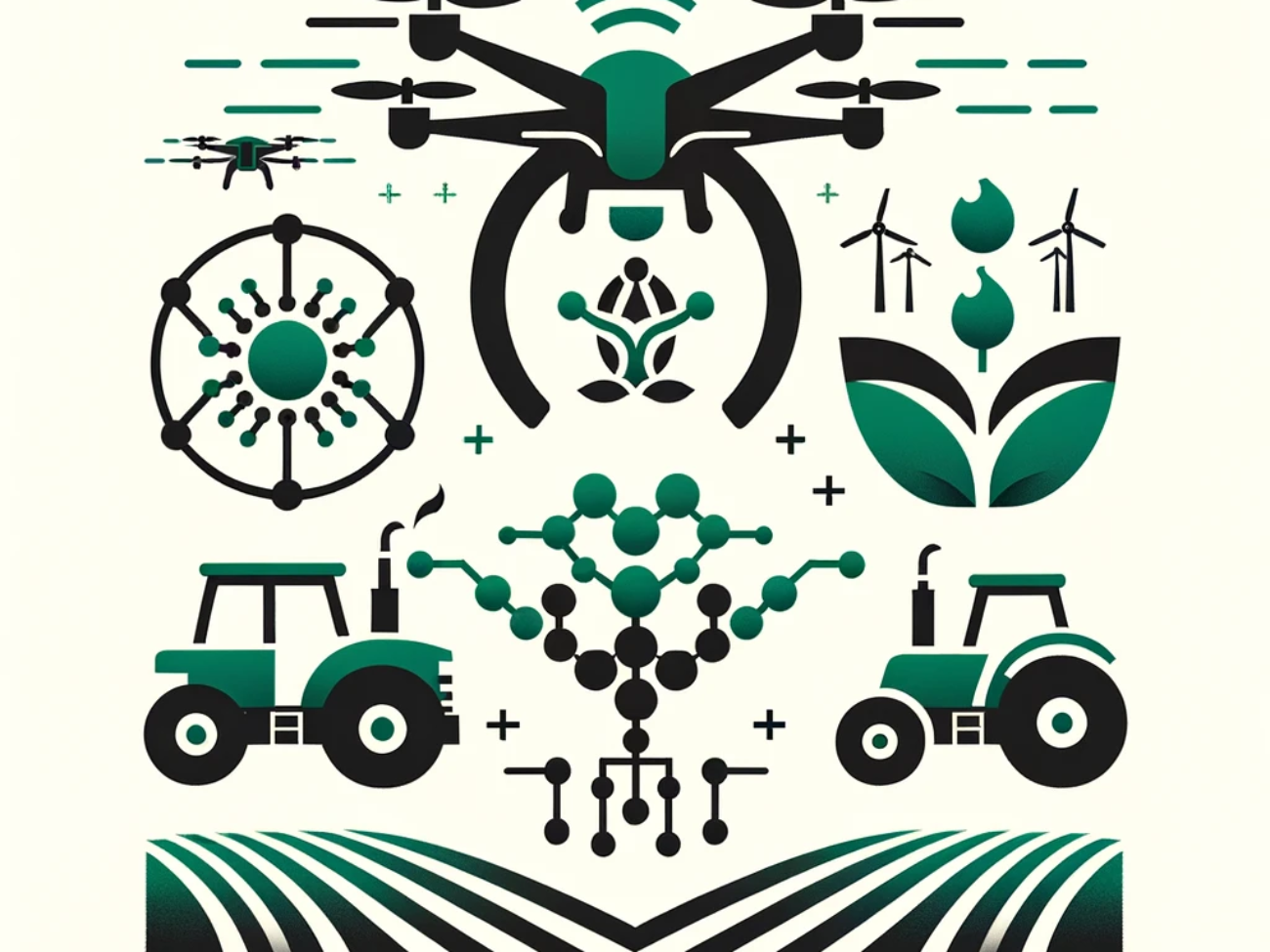 DALL·E 2024-06-10 18.34.22 - A minimalistic image depicting drones for agriculture incorporating gene editing and nanotechnology. The image features simple representations of dron