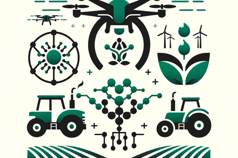 DALL·E 2024-06-10 18.34.22 - A minimalistic image depicting drones for agriculture incorporating gene editing and nanotechnology. The image features simple representations of dron