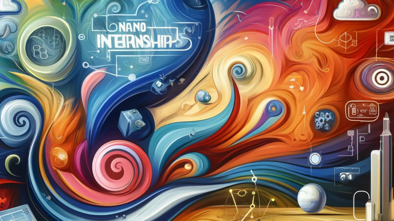 DALL·E 2024-06-11 11.48.42 - An abstract and fluid, post-modern style illustration depicting the concept of nano-internships for middle school students. The scene is dynamic and c