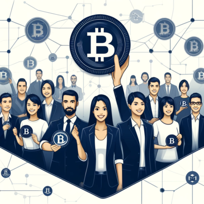 DALL·E 2024-06-11 16.49.59 - A modern illustration showcasing employee ownership through tokenization. In the foreground, a diverse group of employees is holding digital tokens, e