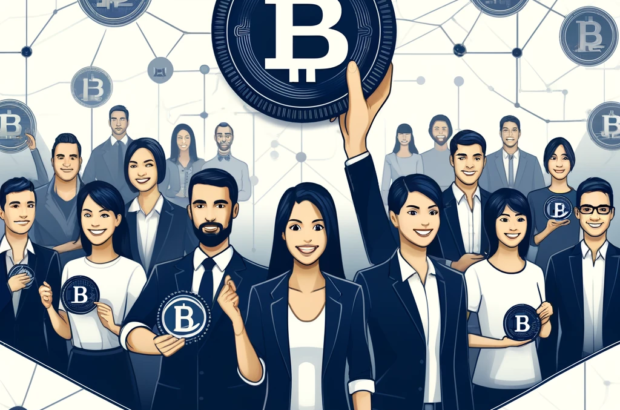 DALL·E 2024-06-11 16.49.59 - A modern illustration showcasing employee ownership through tokenization. In the foreground, a diverse group of employees is holding digital tokens, e