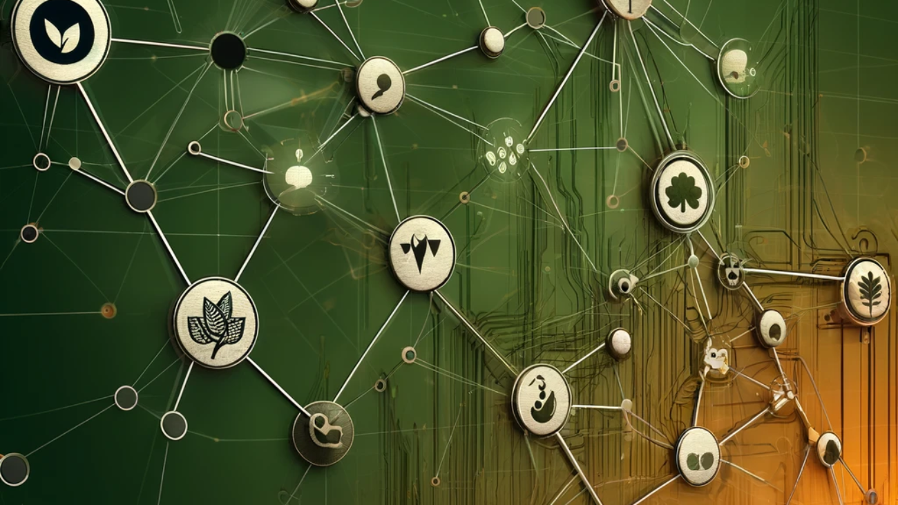 DALL·E 2024-06-11 16.59.06 - A conceptual abstract image representing decentralized farm data networks in agriculture. The image features interconnected nodes and lines symbolizin