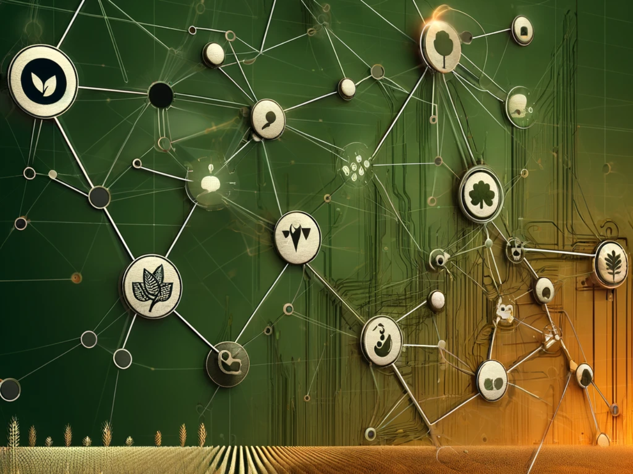 DALL·E 2024-06-11 16.59.06 - A conceptual abstract image representing decentralized farm data networks in agriculture. The image features interconnected nodes and lines symbolizin