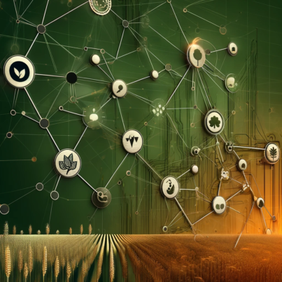 DALL·E 2024-06-11 16.59.06 - A conceptual abstract image representing decentralized farm data networks in agriculture. The image features interconnected nodes and lines symbolizin