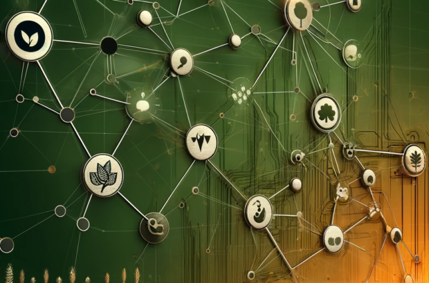 DALL·E 2024-06-11 16.59.06 - A conceptual abstract image representing decentralized farm data networks in agriculture. The image features interconnected nodes and lines symbolizin