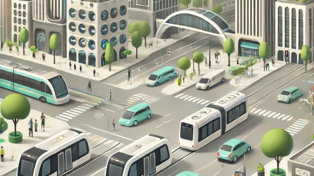 DALL·E 2024-06-13 09.14.23 - A conceptual illustration of a futuristic cityscape featuring autonomous public transportation. Show self-driving buses, trams, and shuttles seamlessl