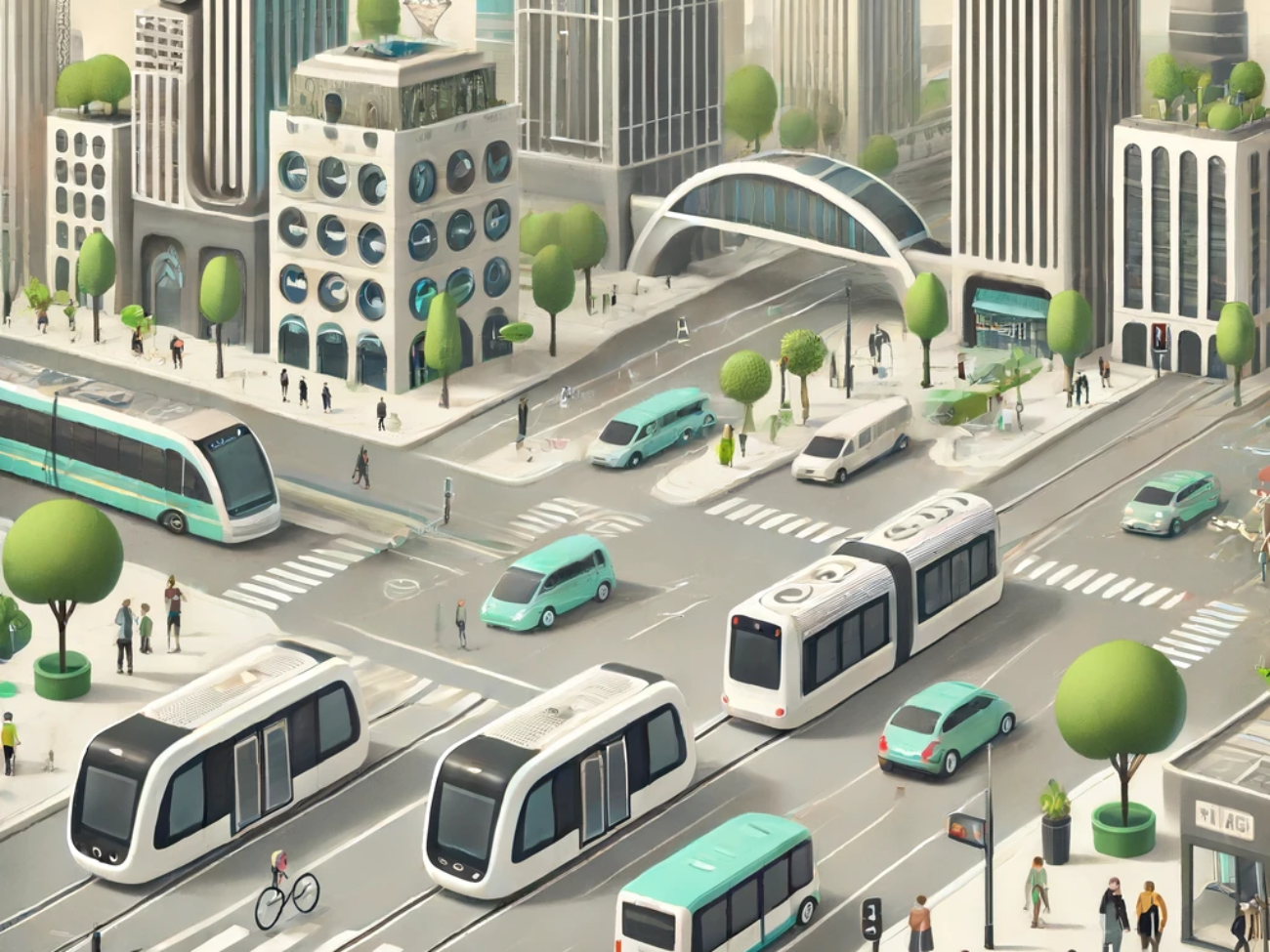 DALL·E 2024-06-13 09.14.23 - A conceptual illustration of a futuristic cityscape featuring autonomous public transportation. Show self-driving buses, trams, and shuttles seamlessl