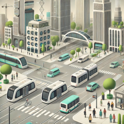 DALL·E 2024-06-13 09.14.23 - A conceptual illustration of a futuristic cityscape featuring autonomous public transportation. Show self-driving buses, trams, and shuttles seamlessl