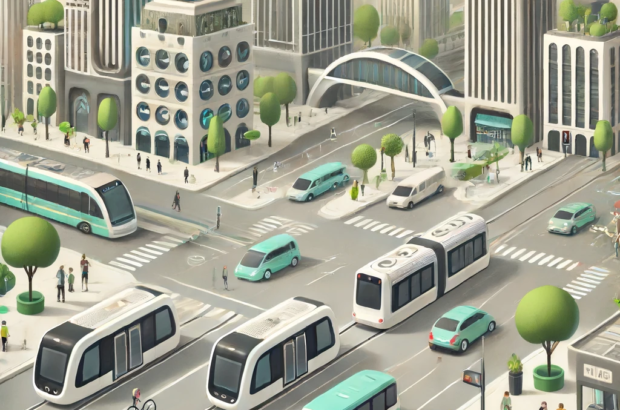 DALL·E 2024-06-13 09.14.23 - A conceptual illustration of a futuristic cityscape featuring autonomous public transportation. Show self-driving buses, trams, and shuttles seamlessl