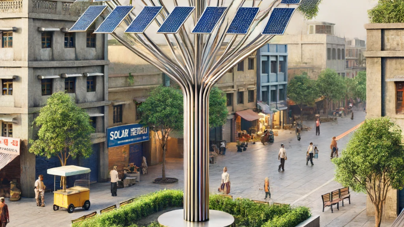 DALL·E 2024-06-13 11.51.02 - A realistic image of a solar tree installed in an Indian town. The solar tree has a central pole with branches supporting multiple solar panels, desig