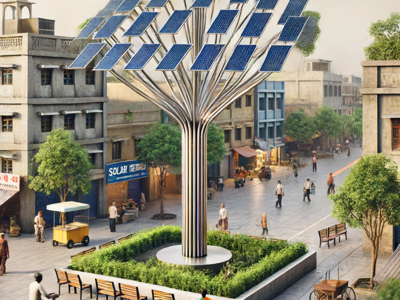 DALL·E 2024-06-13 11.51.02 - A realistic image of a solar tree installed in an Indian town. The solar tree has a central pole with branches supporting multiple solar panels, desig