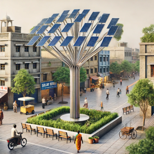 DALL·E 2024-06-13 11.51.02 - A realistic image of a solar tree installed in an Indian town. The solar tree has a central pole with branches supporting multiple solar panels, desig