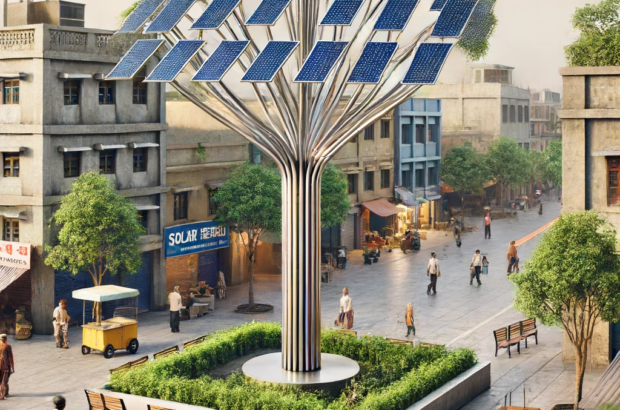 DALL·E 2024-06-13 11.51.02 - A realistic image of a solar tree installed in an Indian town. The solar tree has a central pole with branches supporting multiple solar panels, desig