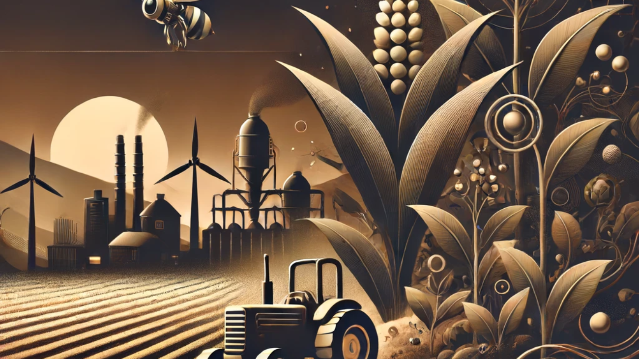 DALL·E 2024-06-13 12.06.29 - A dark, neutral-toned, non-crowded illustration representing the concept of biosynthetic soil and robotic pollinators in Indian agriculture. The scene